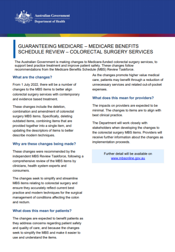 Cover image of the guaranteeing Medicare – Medical Benefits Schedule review – Colorectal surgery services fact sheet