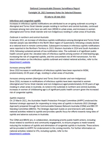 Cover image for National Notifiable Diseases Surveillance System fortnightly reports – 5 to 18 July 2021