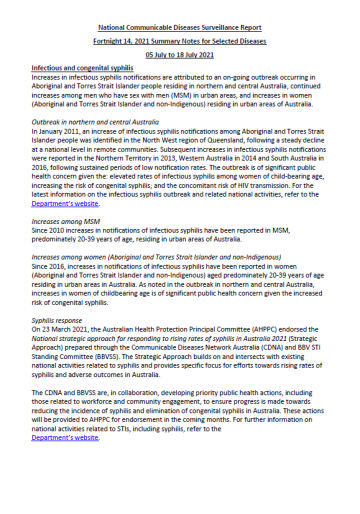 Cover image for National Notifiable Diseases Surveillance System fortnightly reports – 5 to 18 July 2021
