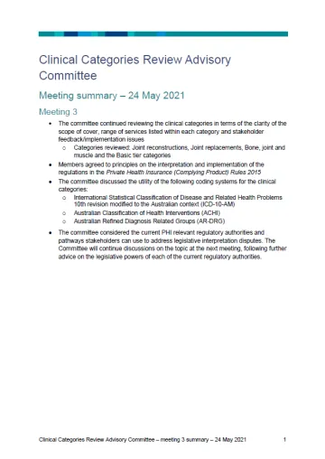 Clinical Categories Review Advisory Committee – meeting summaries