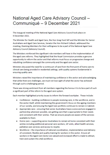 National Aged Care Advisory Council communiques