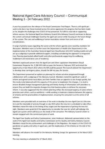 National Aged Care Advisory Council communiques