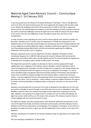National Aged Care Advisory Council communiques