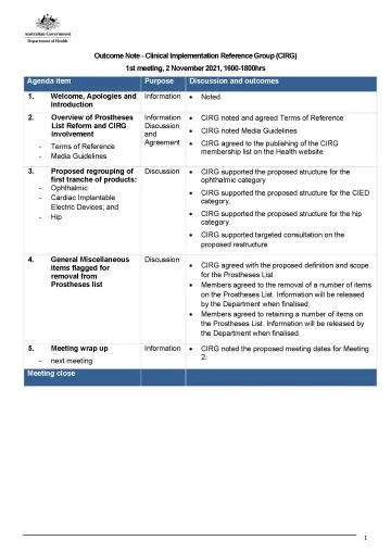 Clinical Implementation Reference Group – Outcome notes