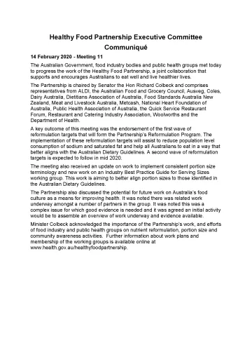 Healthy Food Partnership Program – Executive Committee – Communiques