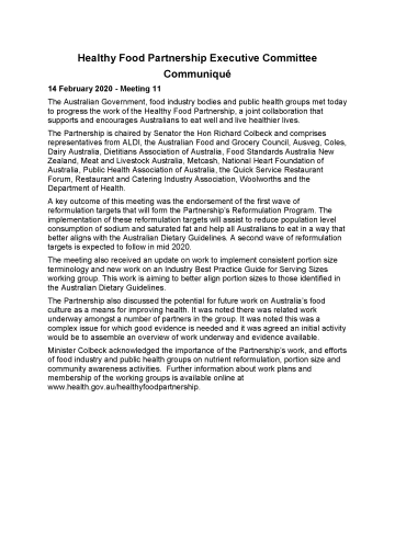 Healthy Food Partnership Program – Executive Committee – Communiques