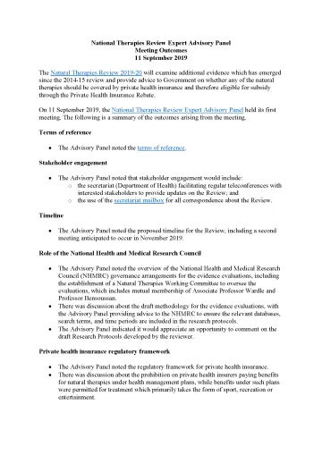 Natural Therapies Review Expert Advisory Panel – Meeting outcomes