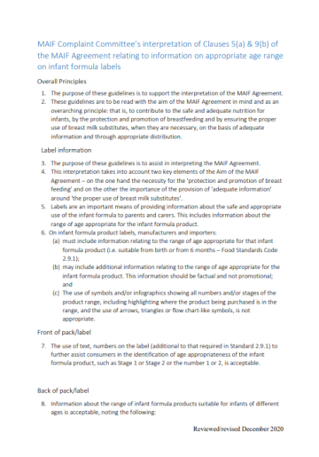 Cover image for MAIF Complaint Committee’s interpretation of Clauses 5(a) & 9(b) of  the MAIF Agreement relating to information on appropriate age range  on infant formula label