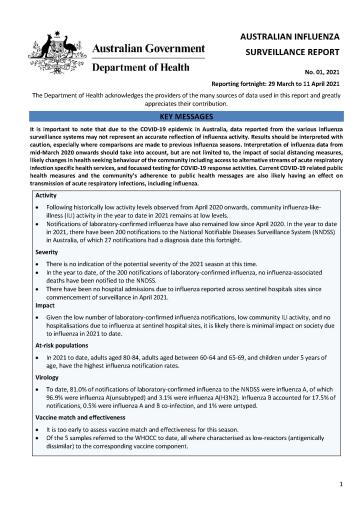 Cover image for Australian Influenza Surveillance Report 1 2021