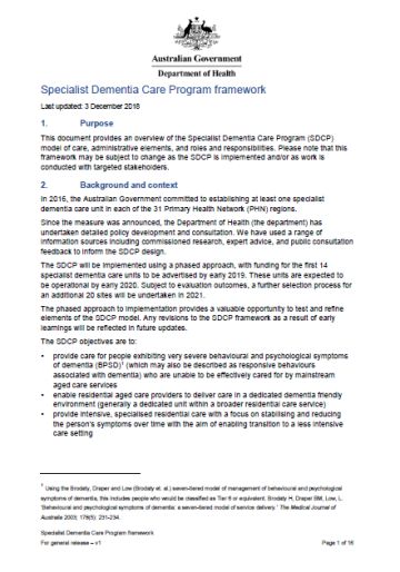 Specialist Dementia Care Program framework cover