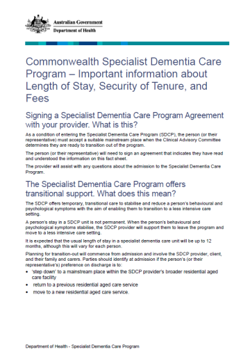Specialist Dementia Care Program – length of stay, fees and security of tenure