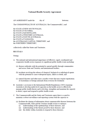 Cover image for the National Health Security Agreement.