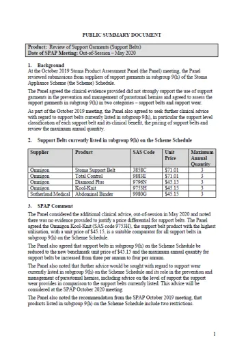 Cover image for Public summary documents – May 2020 – review of support garments 