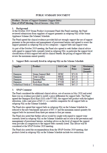 Cover image for Public summary documents – May 2020 – review of support garments 
