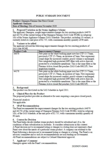 Cover image for SPAP public summary documents – November 2020 out of session – Omnigon Flexima 1-piece closed