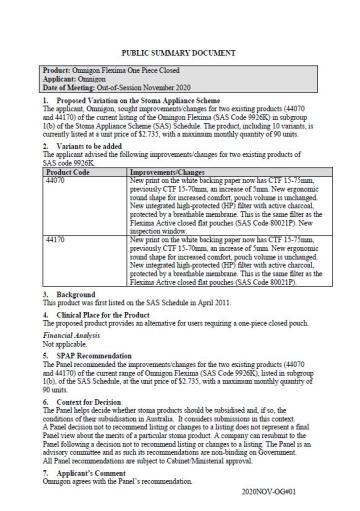 Cover image for SPAP public summary documents – November 2020 out of session – Omnigon Flexima 1-piece closed