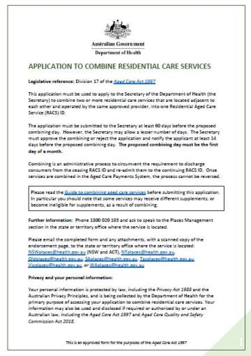  Application to Combine Residential Care Services Form
