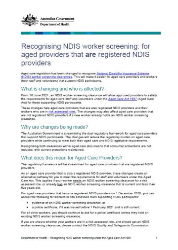 Recognising NDIS worker screening – for aged care providers that are registered NDIS providers