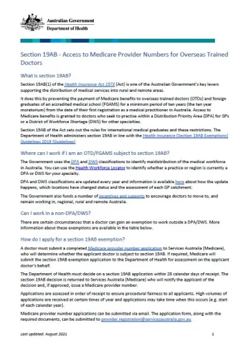 Section 19AB - Access to Medicare Provider Numbers for Overseas Trained Doctors 