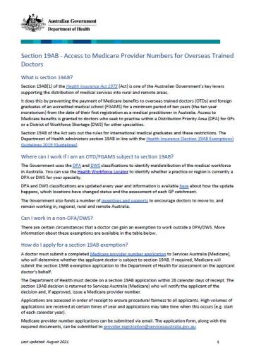 Section 19AB - Access to Medicare Provider Numbers for Overseas Trained Doctors 