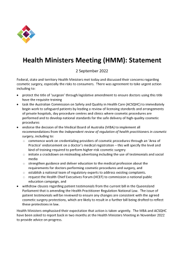 Health Ministers Meeting (HMM) statement (2 September 2022) cover