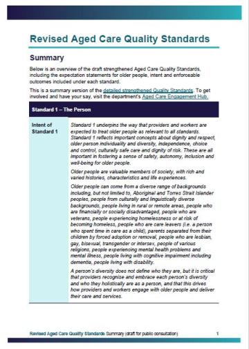 Revised Aged Care Quality Standards – summary draft for public consultation