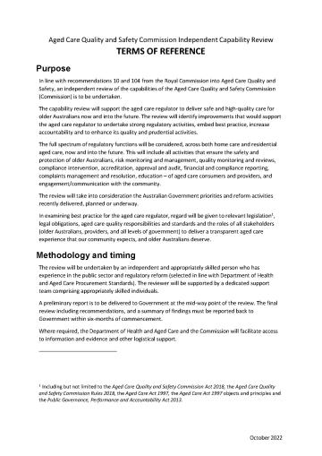 Terms of reference – Aged Care Quality and Safety Commission capability review