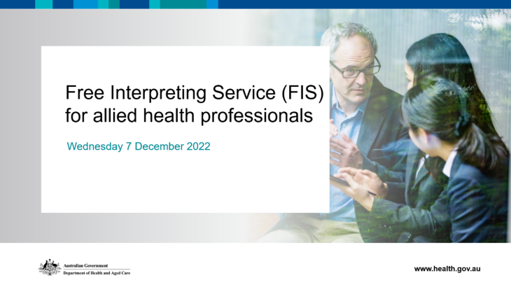 Cover slide for the webinar Free Interpreting Services for Allied Health Professionals