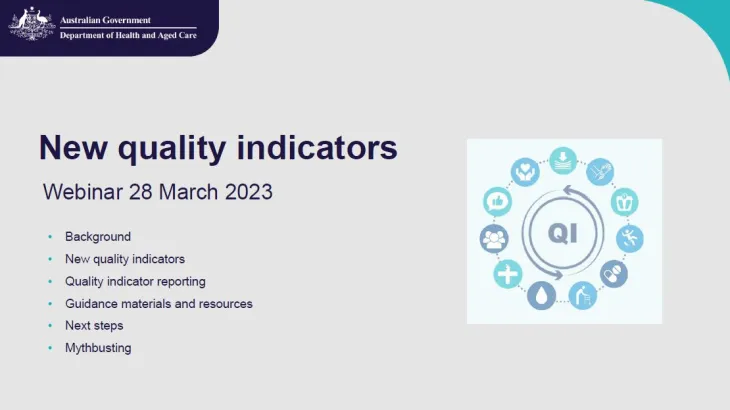 Cover slide for New residential aged care quality indicators webinar