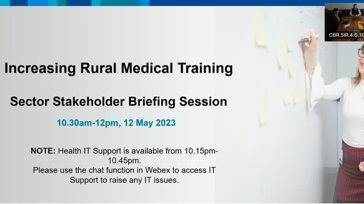 Increasing rural medical training - Sector stakeholder briefing session slide, showing young woman at whiteboard that is dotted with post-it notes
