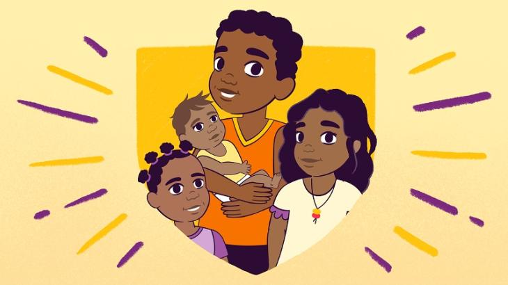 Drawing of 4 Aboriginal children, including a baby being held by an older boy