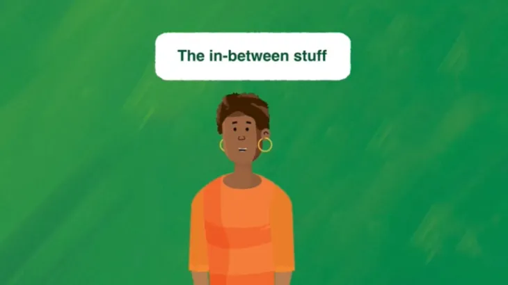 Image of a lady with text box The in-between stuff