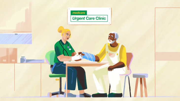 Doctor examining a hand injury at Medicare Urgent Care Clinic