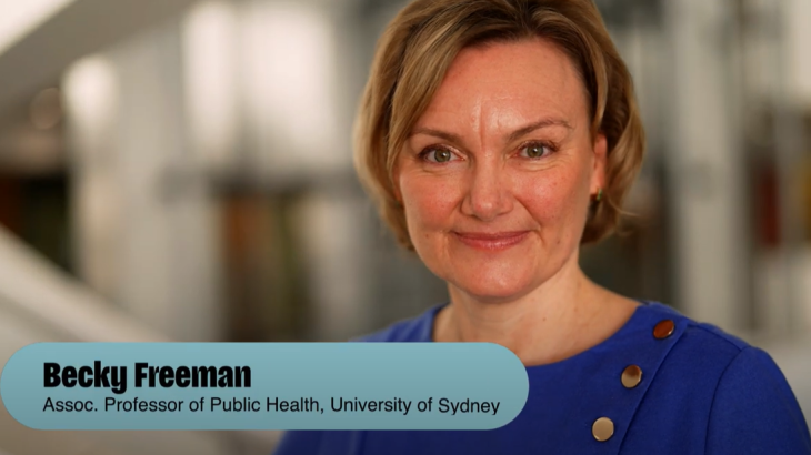 Video still of Becky Freeman Assoc. Professor of Publis Health, University of Sydney