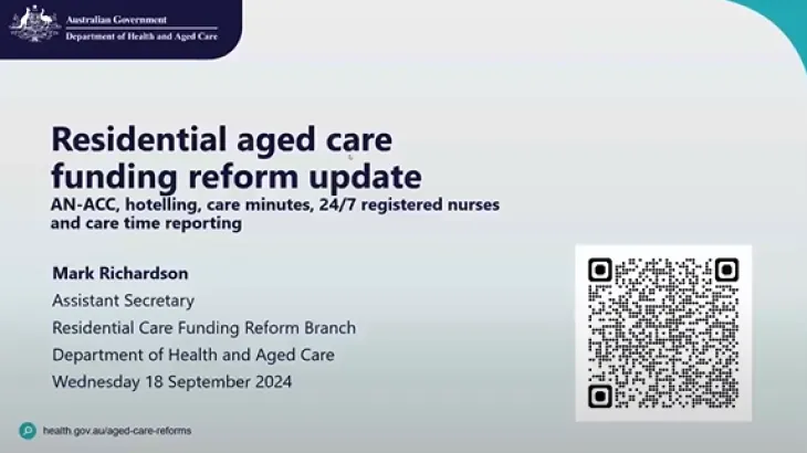 Cover slide for the Residential aged care funding reform update webinar