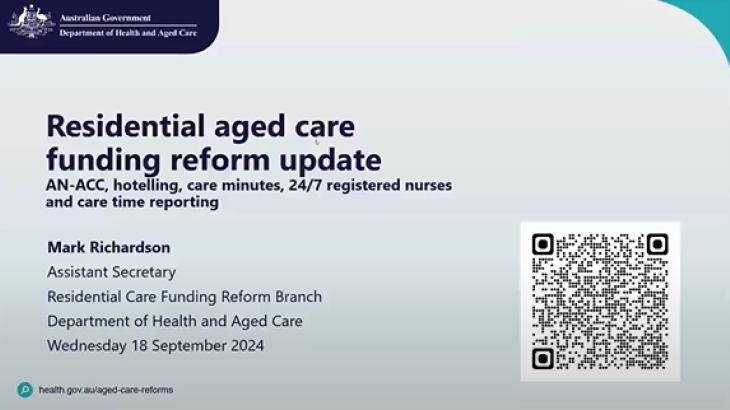 Cover slide for the Residential aged care funding reform update webinar