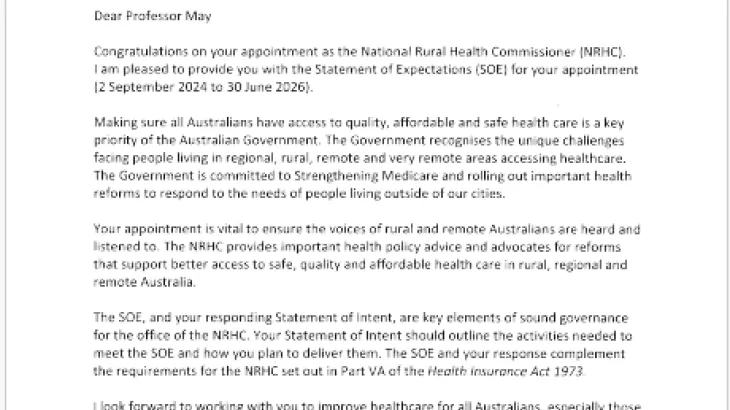 Statement of Expectations for the National Rural Health Commissioner 2 September 2024 – 30 June 2026