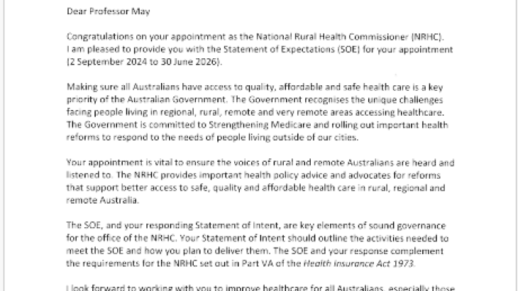 Statement of Expectations for the National Rural Health Commissioner 2 September 2024 – 30 June 2026