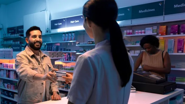 A male Danny picking up medicine from a pharmacy at the counter with a staff member with long hair