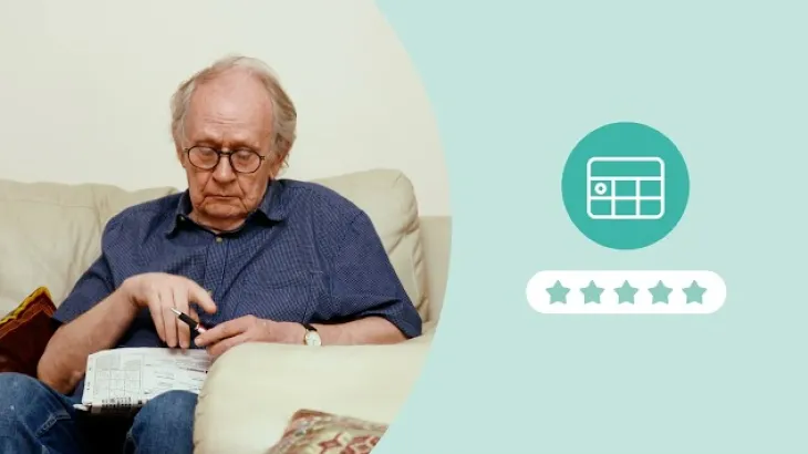 Star rating (full version) image from YouTube of an elderly man reading on a sofa