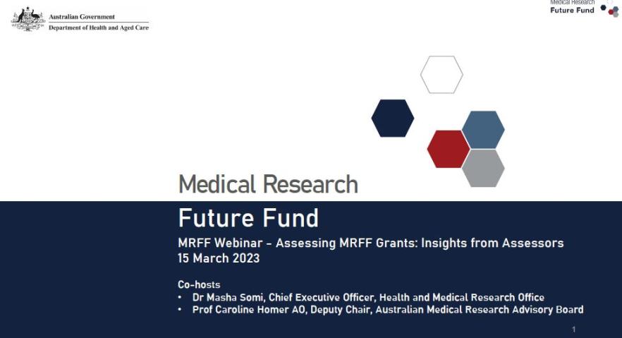 Cover page MRFF Webinar – Assessing MRFF grants Insights from assessors (15 March 2023)