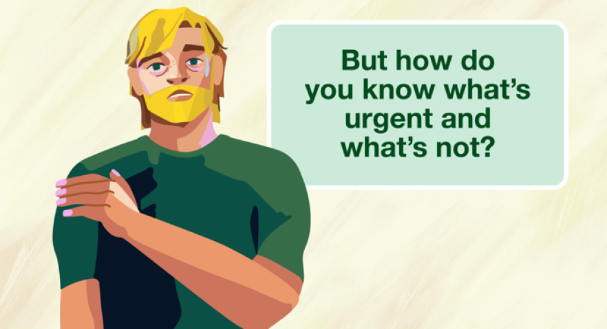 Man holding his shoulder with callout text "But how do you know what's urgent and what's not"