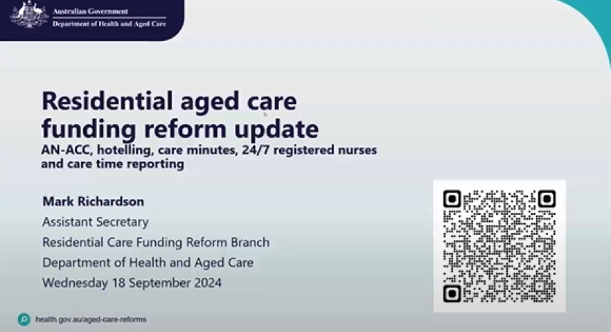 Cover slide for the Residential aged care funding reform update webinar