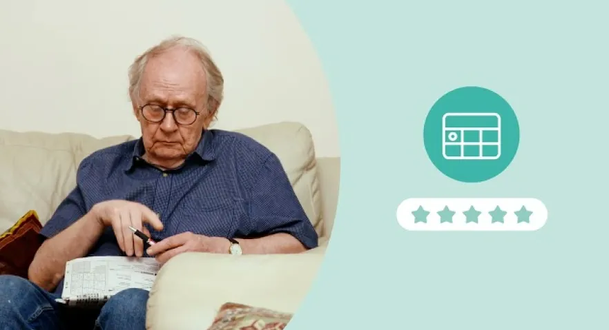 Star rating (full version) image from YouTube of an elderly man reading on a sofa