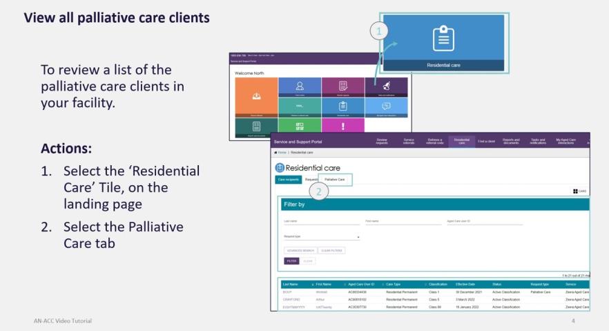 Residential aged care providers can access new functions in the My Aged Care Service and Support Portal. This video will focus on the palliative care entry process including how to upload the Palliative Care Status Form in the My Aged Care Service and Sup
