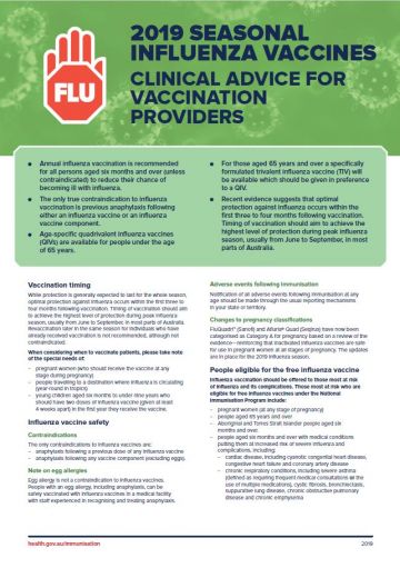 2019 seasonal influenza vaccines – clinical advice for vaccination providers factsheet