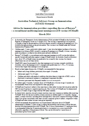 Cover of ATAGI advice on the use of Bexsero® vaccine