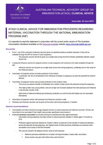 ATAGI advice maternal vaccination