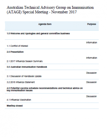 Cover of ATAGI agenda for special meeting in November 2017