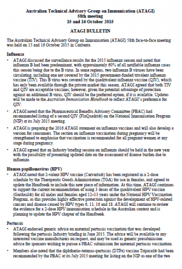 Cover of ATAGI bulletin for the 58th meeting 15-16 October 2015